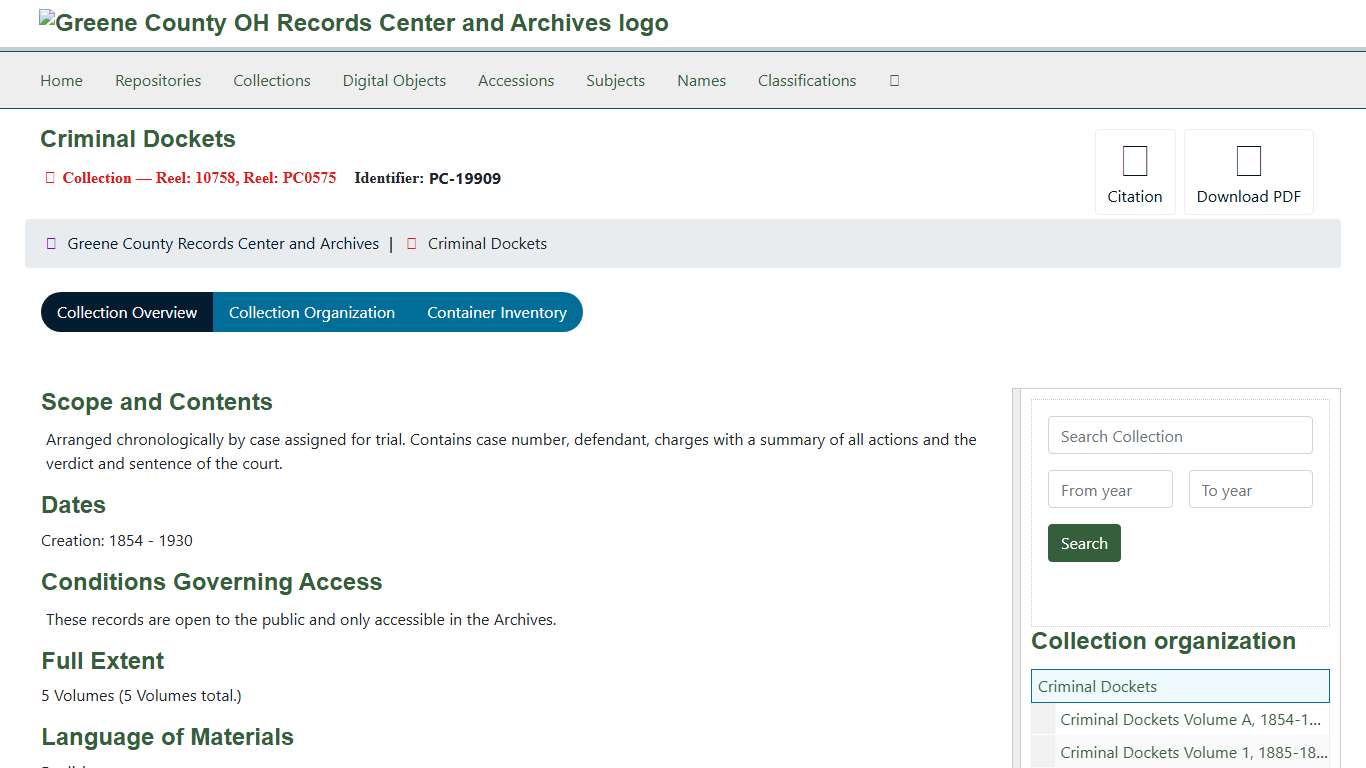 Collection: Criminal Dockets Greene County Records Center and Archives
